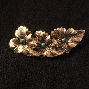 Vintage Textured Leaf Pin With Green Stones